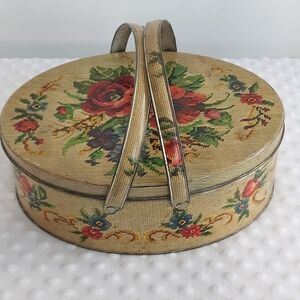 Vintage Tin Lunch Pail Oval Sewing Box Metal Litho Needlepoint Print Floral 8x11